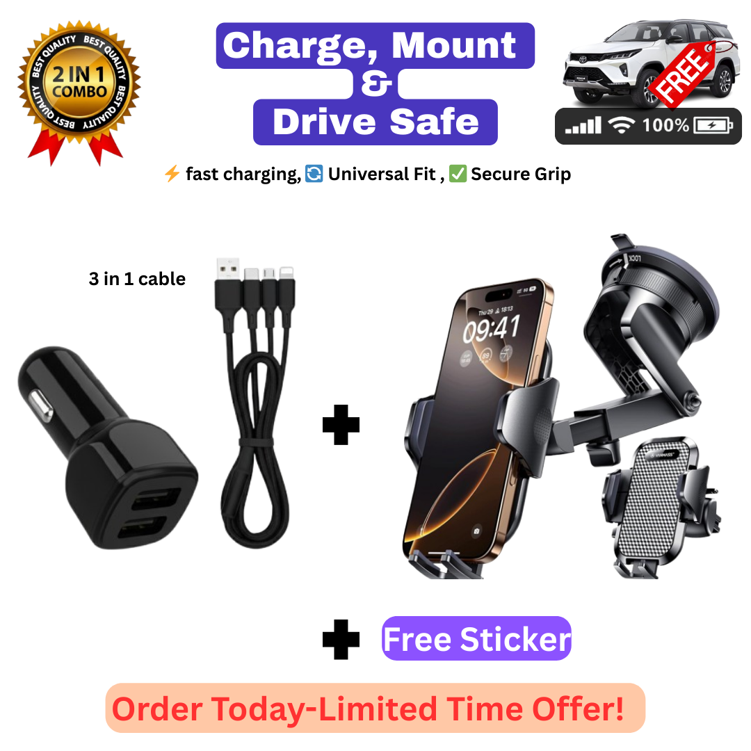 AR™ 3-in-1 Car Essentials Combo (Mobile Holder + Fast Car Charger + Free Sticker)